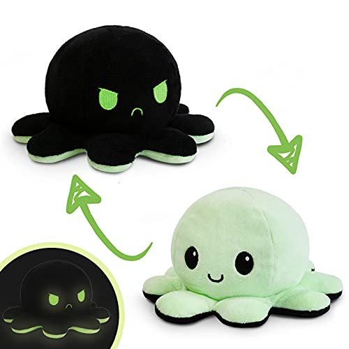 TeeTurtle | The Original Reversible Octopus Plushie | Patented Design | Black + Glow in The Dark | Happy + Angry | Show Your Mood Without Saying a Word!