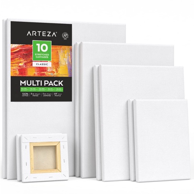 Arteza Stretched White Blank Canvas Multi Pack, 4x4", 5x7", 8x10", 9x12", 11x14" (2 of Each) Set of 10, Primed, 100% Cotton, Art Supplies for Acrylic, Oil, Other Wet or Dry Media