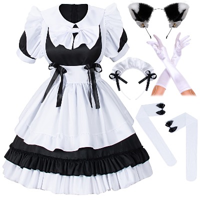 Anime French Girl Maid Sweet Kawaii Costume Dress Cosplay Furry Cat Ear Gloves Socks Set