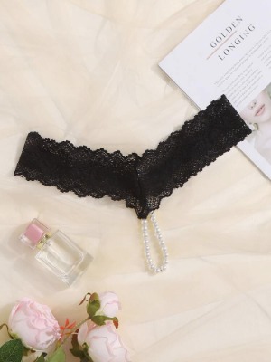 Faux Pearl Decor Floral Lace Panty