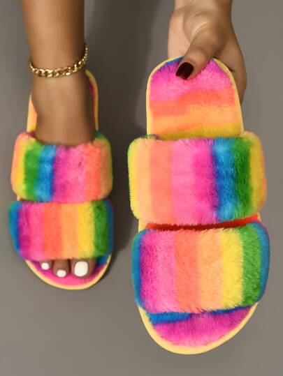 Colorblock Double Strap Fluffy Slippers