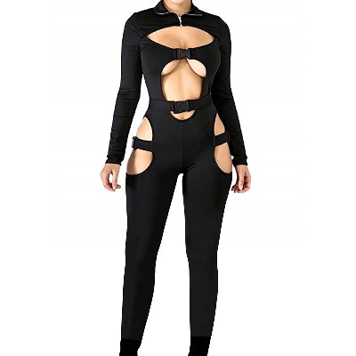 Gildnera Women Sexy Hollow Out Jumpsuit Buckle Cut Out Long Sleeve Biker Short Rompers Bodysuits Summer Streetwear