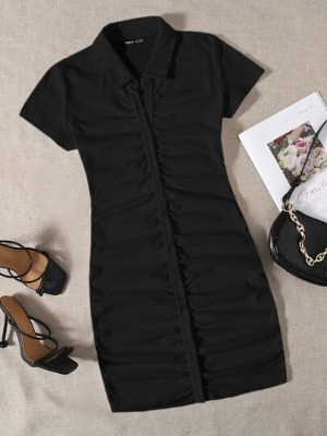 SHEIN Collared Buttoned Front Rib-Knit Dress