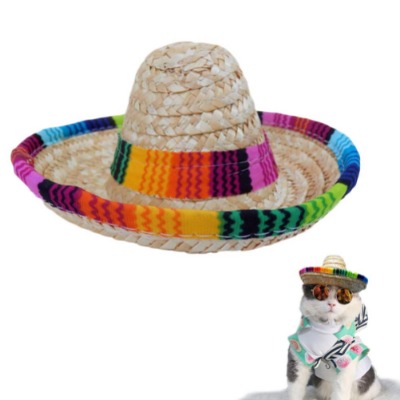 Bettli Dog Sombrero Hat, Cat Mexican Hats Mini Straw with Multicolor TrimSombrero Party Hats for Small Pets/Puppy/Cat