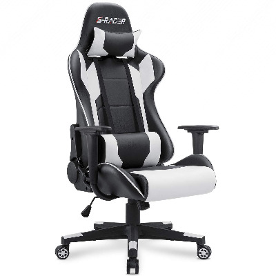Homall Gaming Chair Office Chair High Back Computer Chair Leather Desk Chair Racing Executive Ergonomic Adjustable Swivel Task Chair with Headrest and Lumbar Support (White)