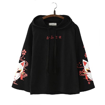 Vdual Simple Japanese Text Fashion Trendy Aesthetic Minimalist Elegant Fox Sukura Design Long Sleeves Hoodie Jacket
