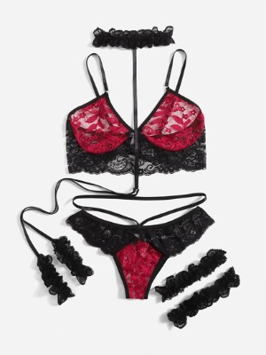 5pack Floral Lace Lingerie Set With Leg Ring