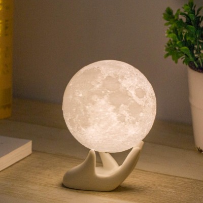 Mydethun Brightness 3D Printed Warm and Cool White, ML-035, Resin, 3.5in Moonlight with Ceramic Hand Base, 3.5IN Moon lamp with Ceramic Base 1watts