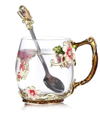Luka Tech Handmade Enamel Butterfly Flower Glass Coffee Mugs Tea Cup with Spoon,Birthday Christmas Gifts for Her Women Mum Friends Teacher Valentines Mothers Day(Red)