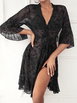 Floral Print Flounce Sleeve Sheer Belted Robe Without Bra And Panty