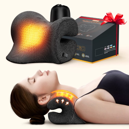 Famedio 3s Heated Neck Stretcher for Pain Relief, Magnetic Therapy Case/Graphene Heating Pad, Cervical Neck Traction Pillow Device No Smell, Neck and Shoulder Relaxer for TMJ Migraine Spine Alignment - Black