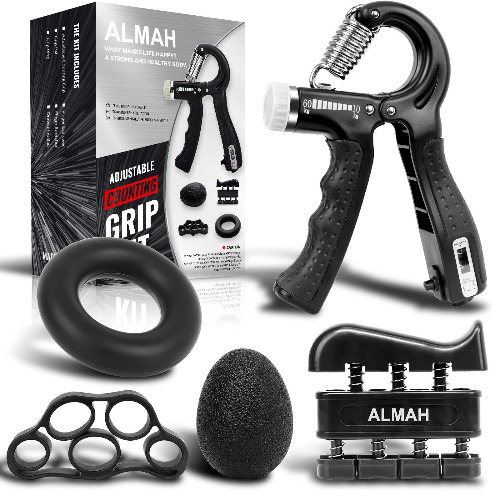 ALMAH Hand Grip Strengthener kit(5 Pack),Grip Strength Trainer,Forearm Workout Trainer Adjustable Hand Grip Exercise,Finger Strength Exerciser, Finger Stretcher, Grip Ring & Stress Relief Ball with Carry Bag - 