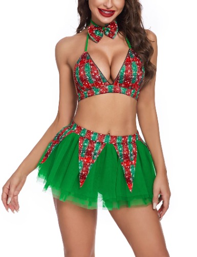 Avidlove Sexy Christmas Lingerie for Women Holiday Outfits Plaid Bra and Skirt Santa Sleepwear with Bow Tie - Green Medium