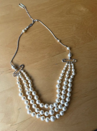 Silver chain w/ 3 row pearl necklace w/ safety pin and orb