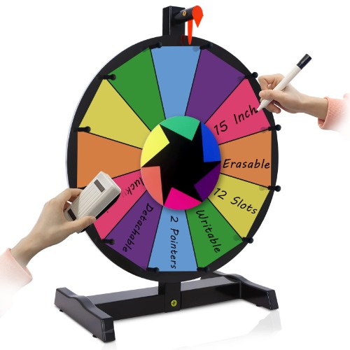 HC Display 15" Tabletop Spinning Prize Wheel 12 Slots with Durable Plastic Base, Dry Erase Markers and Eraser, 2 Pointers, for Fortune Spin Game in Party Pub Trade Show Carnival