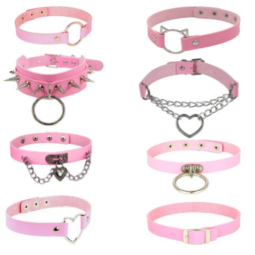 WeeH Gothic Choker Set for Women and Girls - Pack of 8pcs Black PU Choker Punk Rock Necklace Vintage Collar Cosplay Choker Costume Accessory - Pink
