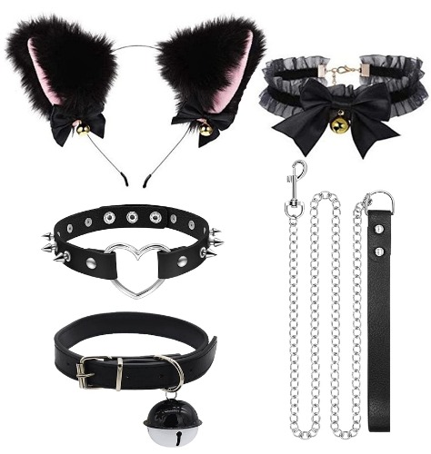 Cat Ears Headband,Heart Leather Goth Choker Necklace,Adjustable Black Lace Ears Headband Accessories,Cosplay Costum for Women - 4pcs Black