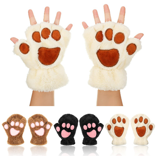 3 Pairs Cat Paw Gloves Fingerless Fuzzy Plush Gloves for Women Girls