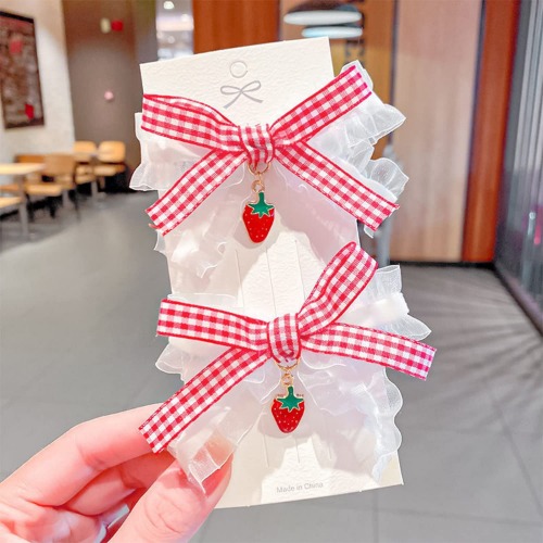 CHENYX 2 Pieces Cute Velvet Barrettes Little Girl Little Princess Hair Decoration Strawberry Ornament Red Plaid Lace Bow Barrettes Braid Ornaments for Girls, red and white bow - White,Red,Pink