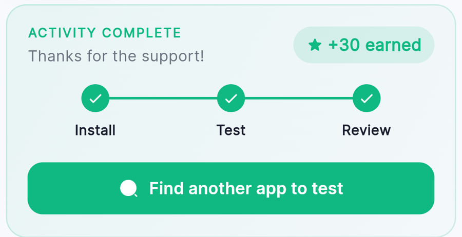 A completed activity in OnTopRank showing install, test and review all done, and 30 credits earned