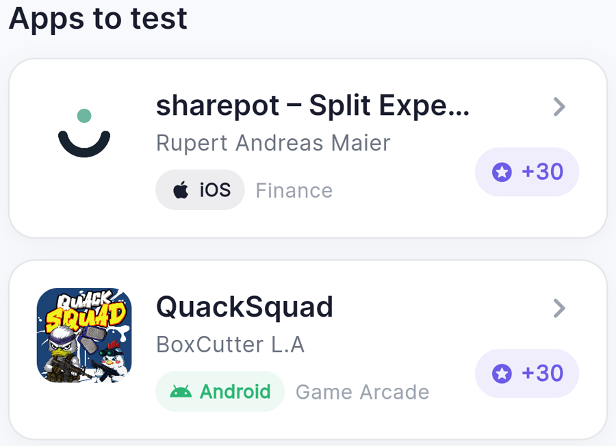 The OnTopRank app list showing apps to test, each with a +30 credit reward