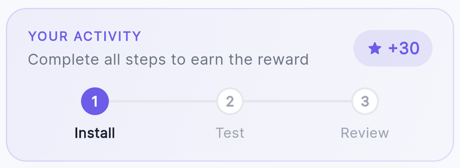 The three-step activity tracker in OnTopRank: Install, Test, Review, worth 30 credits
