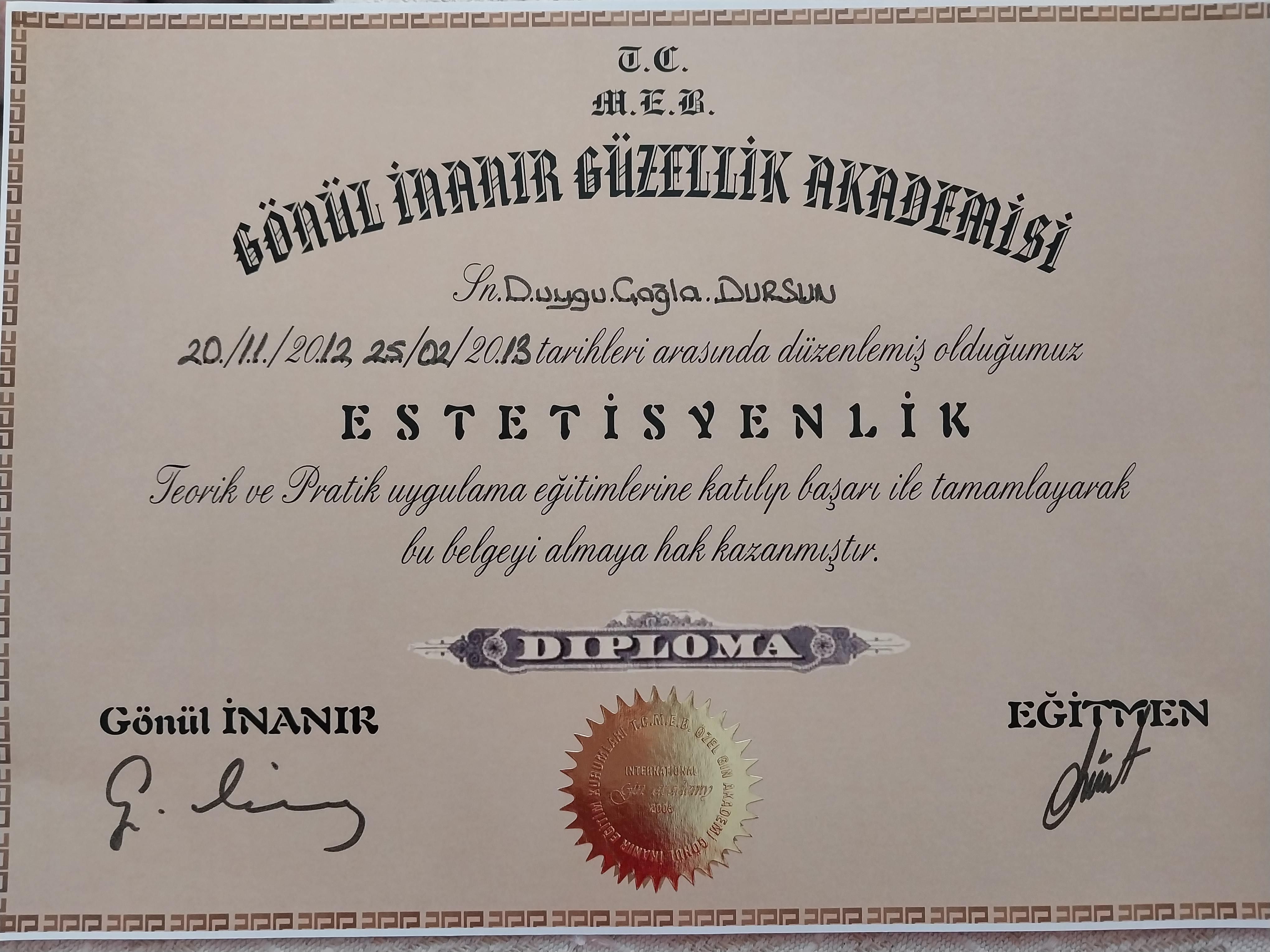 Duygu çağla sertifikası