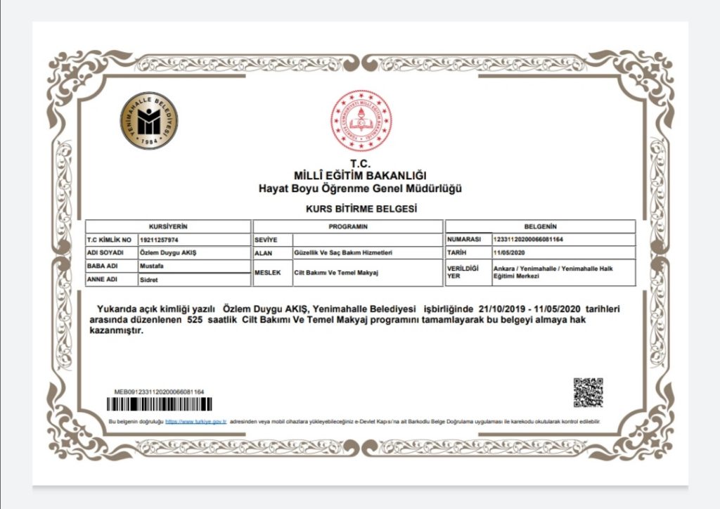 Özlem Duygu  sertifikası