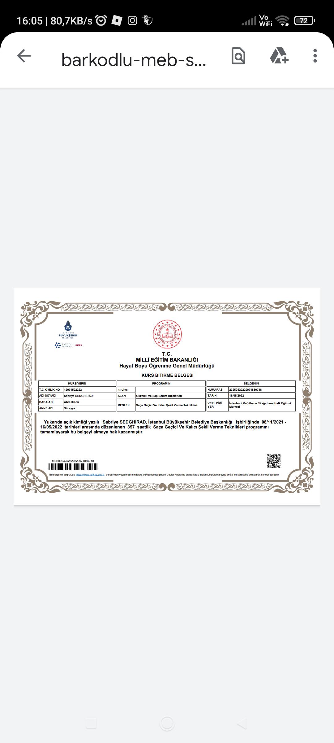 sabrıye sertifikası