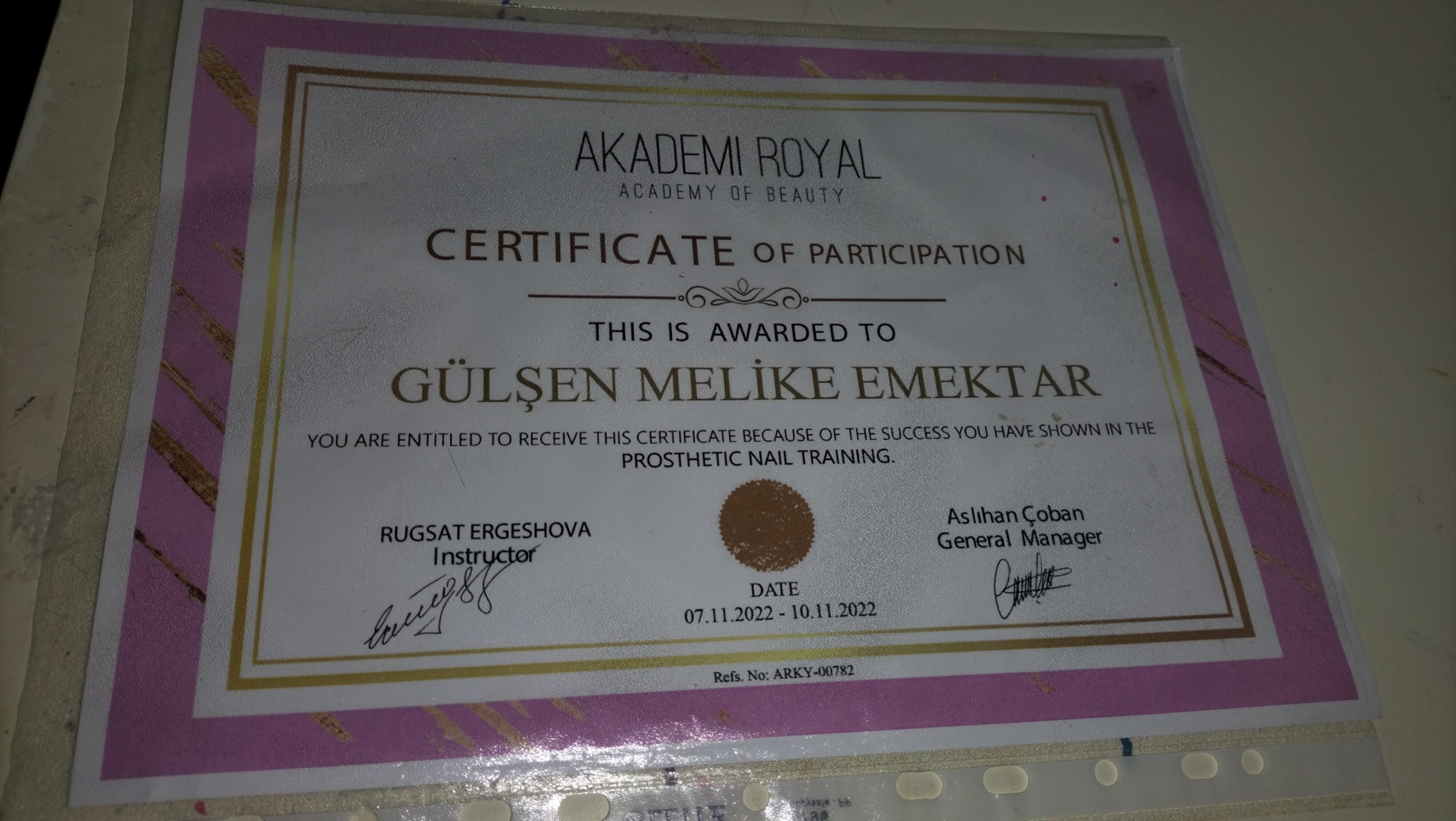 Gülşen Melike  sertifikası