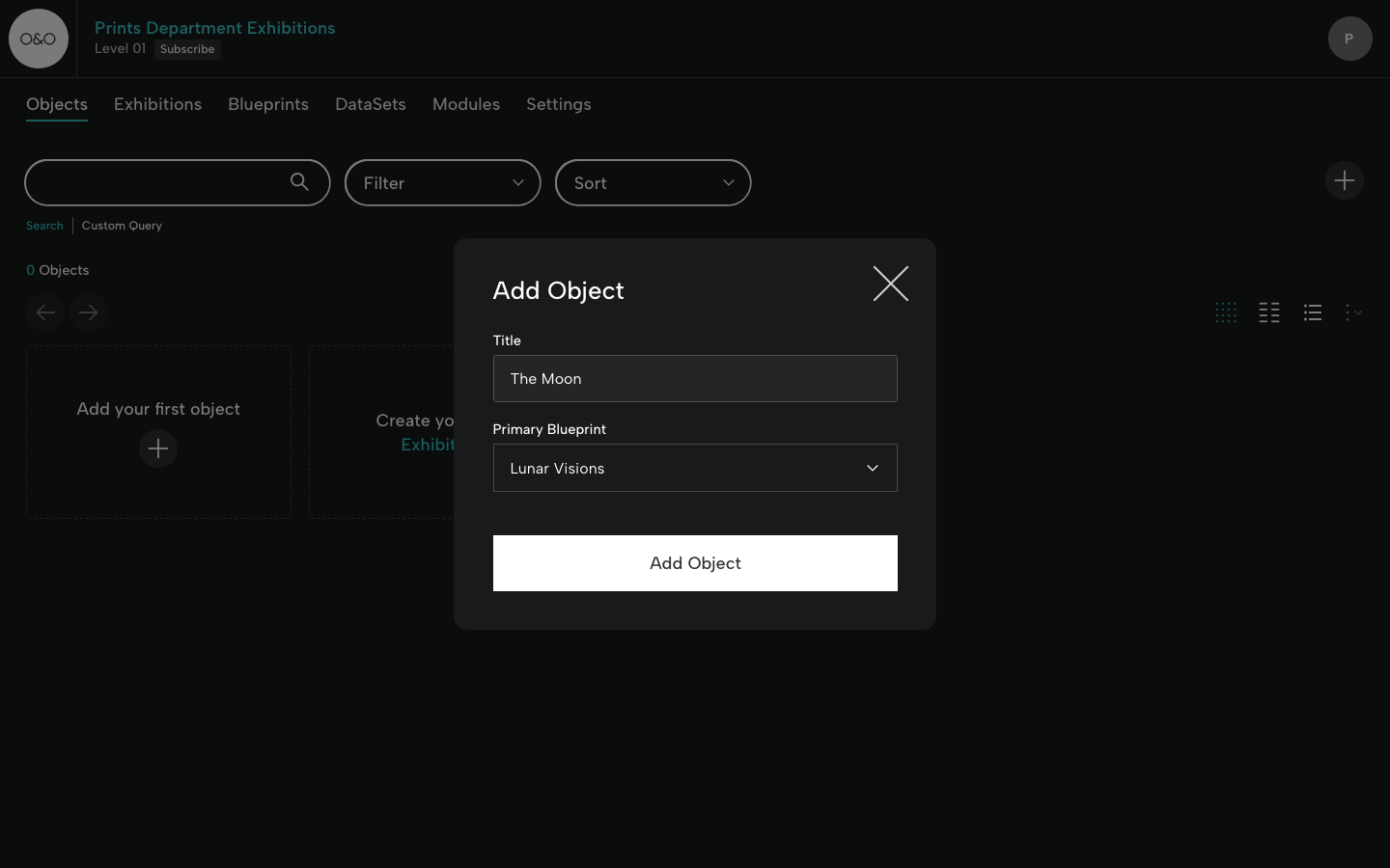 Add Objects Modal for Title and Primary Blueprint Selection
