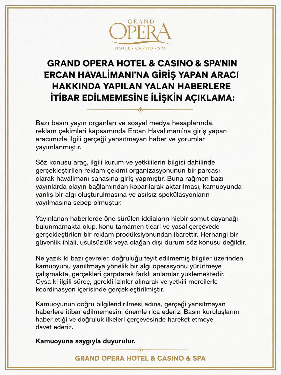 Grand Opera Hotel’den Ercan Havalimanı İddialarına İlişkin Açıklama