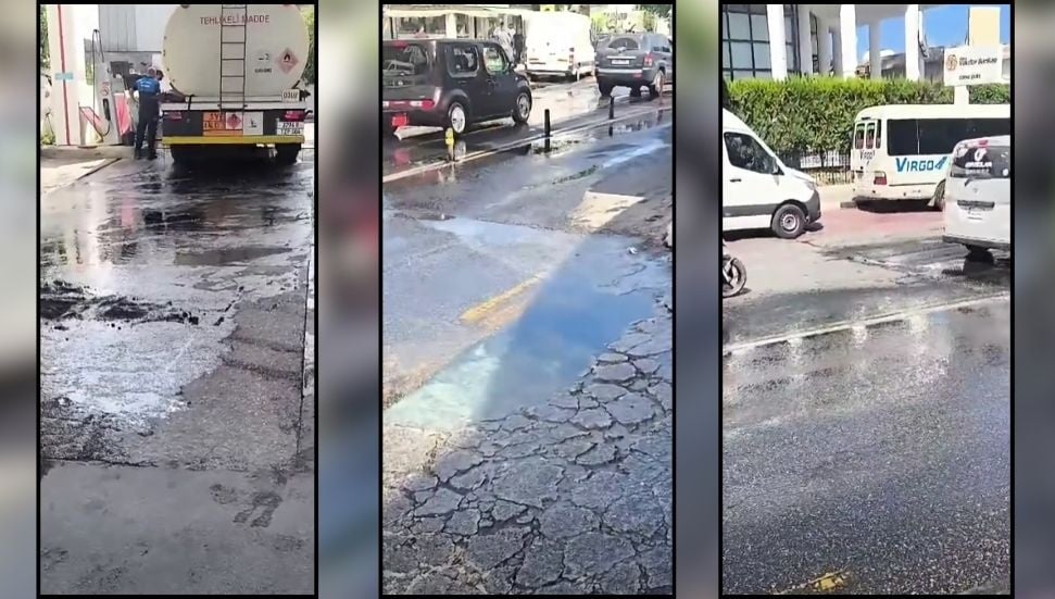 Ecevit Caddesi'nde Mazot Sızıntısı Sebebiyle Yol Kapatılıyor