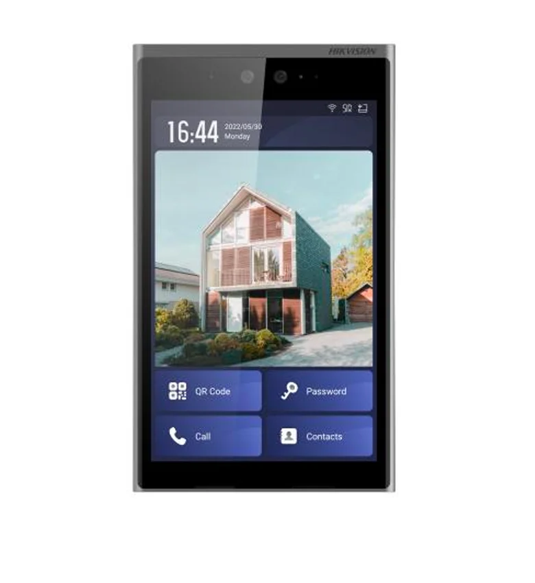 HIKvision  DS-KD9633-E6 - interphone vidéo-Poste de porte à reconnaissance faciale . Ecran LCD 10,1 Pouces Tactile - système Android intégré - Caméra 2MP intégré - IP65 résistant à l'eau et la poussière : carte, code PIN, code QR etc.