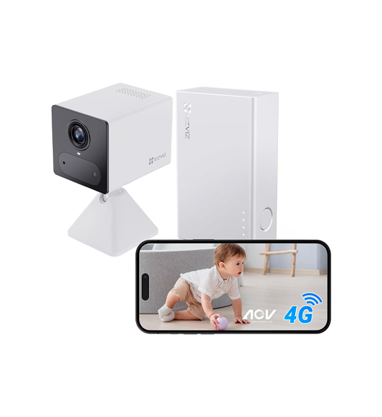 Caméra de Surveillance 4G Intérieure sans Fil EZVIZ CB2 Kit 2K Blanche – Batterie Externe, Mode AOV, Détection de Personnes, Compatible Carte SD jusqu'à 512 Go, Vidéo Time-Lapse, Audio Bidirectionnel, Design Compact