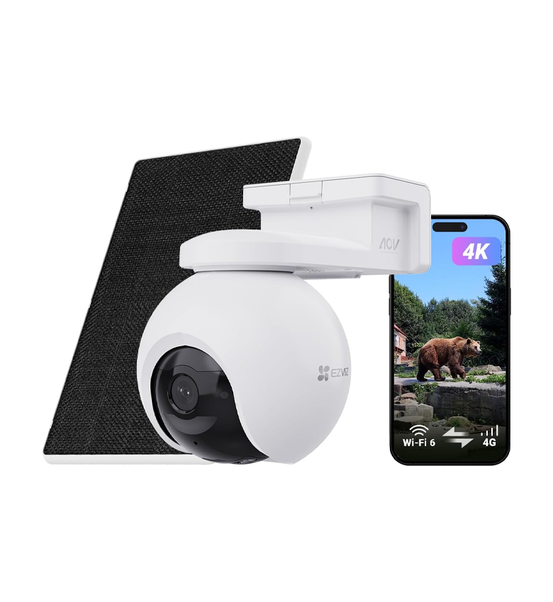 Caméra Solaire 4G et WiFi EZVIZ EB8 4K 8MP – Pan/Tilt 360°, Panneau Solaire Inclus, Batterie Haute Capacité, Vision Nocturne Couleur, Détection IA Humains/Véhicules, Audio Bidirectionnel, Idéale Site Isolé et Chantier