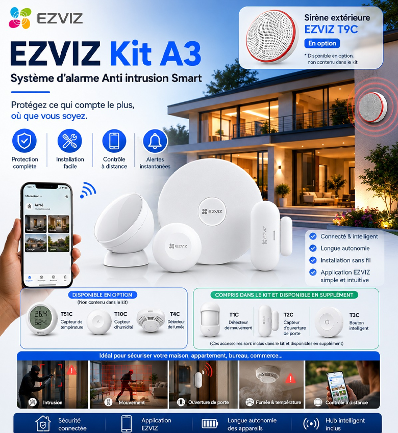 Kit d'Alarme Sans Fil Anti-Intrusion EZVIZ A3 – Détecteur de Mouvement et Capteur d'Ouverture, Système de Sécurité Connecté pour Maison et Appartement