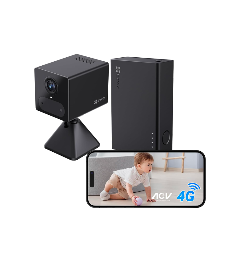 Caméra de Surveillance 4G Intérieure sans Fil EZVIZ CB2 Kit 2K Noire – Batterie Externe, Mode AOV, Détection de Personnes, Compatible Carte SD jusqu'à 512 Go, Vidéo Time-Lapse, Audio Bidirectionnel, Design Compact