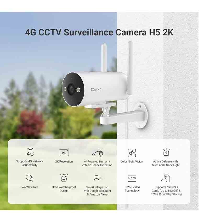 Caméra de Sécurité 4G Extérieure EZVIZ H5 3MP 2K (Sans Batterie) – Vision Nocturne Couleur, Audio Bidirectionnel