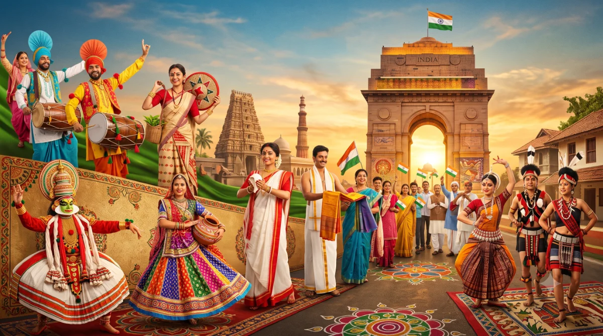 India's regional cultures represented by classical dancers, musicians in traditional dress, and citizens waving Indian flags