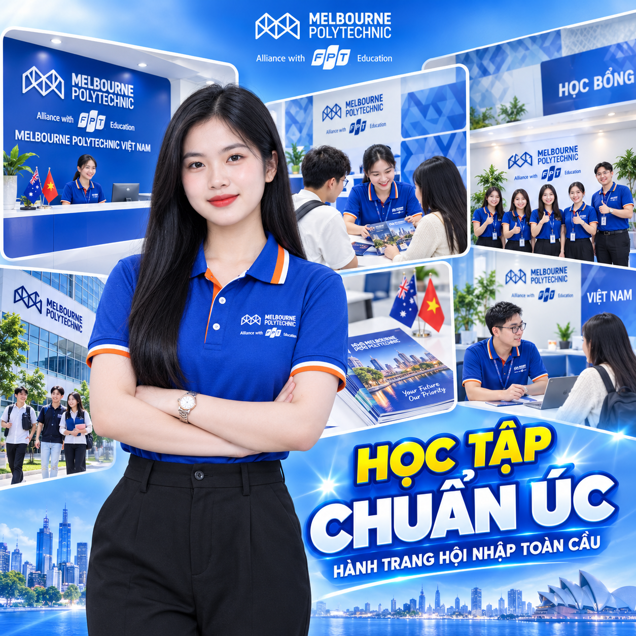 Create a square glossy Vietnamese education recruitment poster for Melbo
