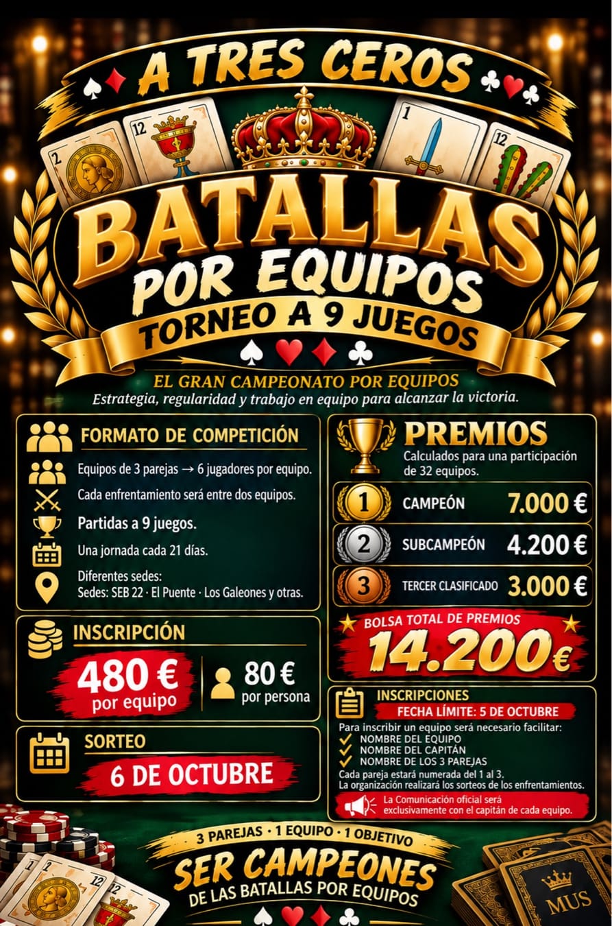 Cartel del torneo BATALLAS DE EQUIPOS. AMANTES DEL MUS