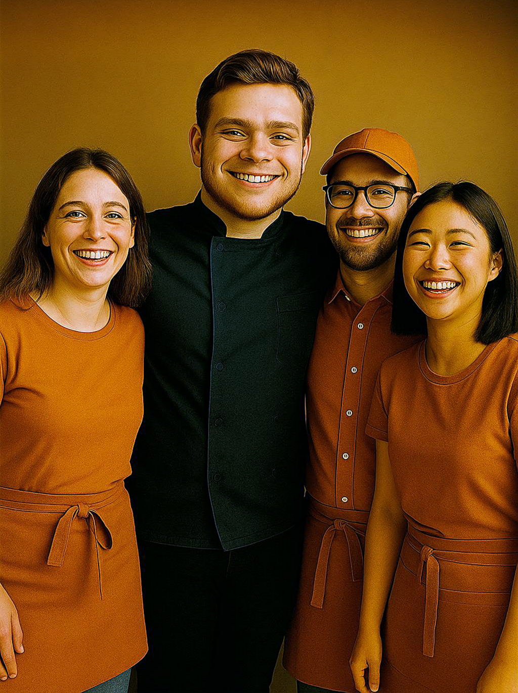Equipe sorrindo e colaborando em um ambiente de trabalho positivo e iluminado