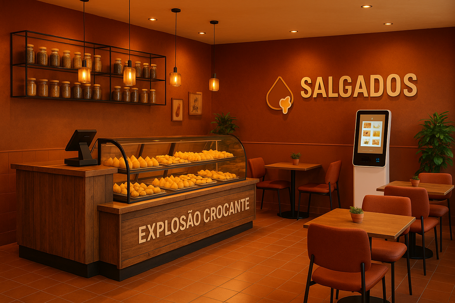 Interior acolhedor da loja Explosão Crocante
