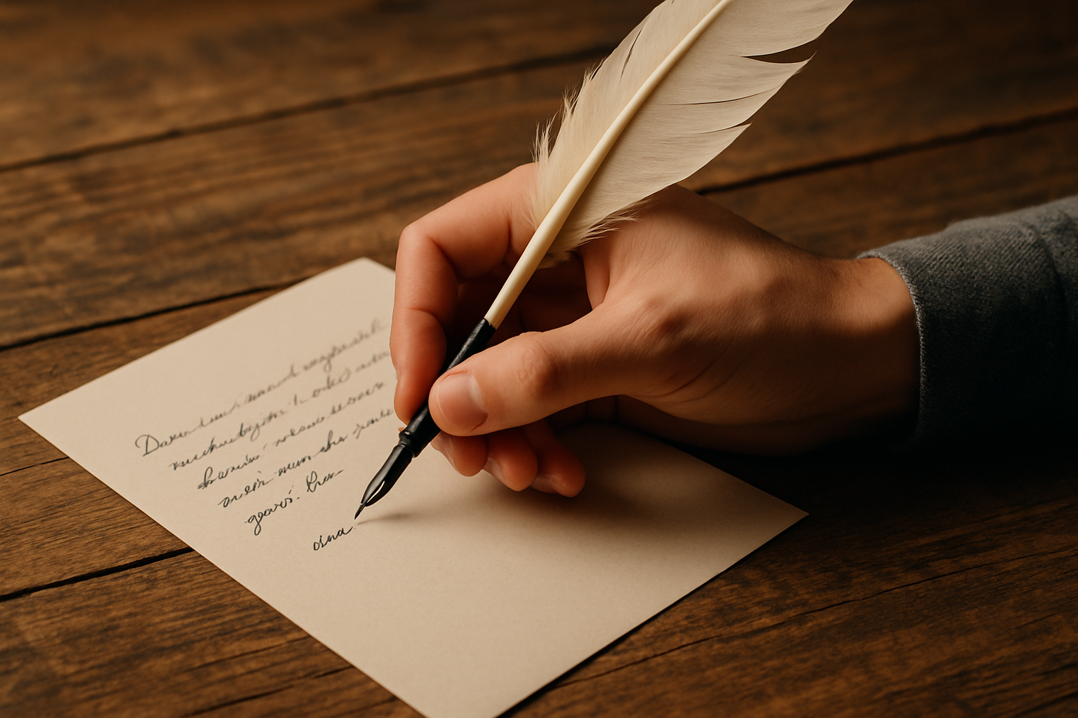 Mão de uma pessoa escrevendo uma carta em uma mesa de madeira