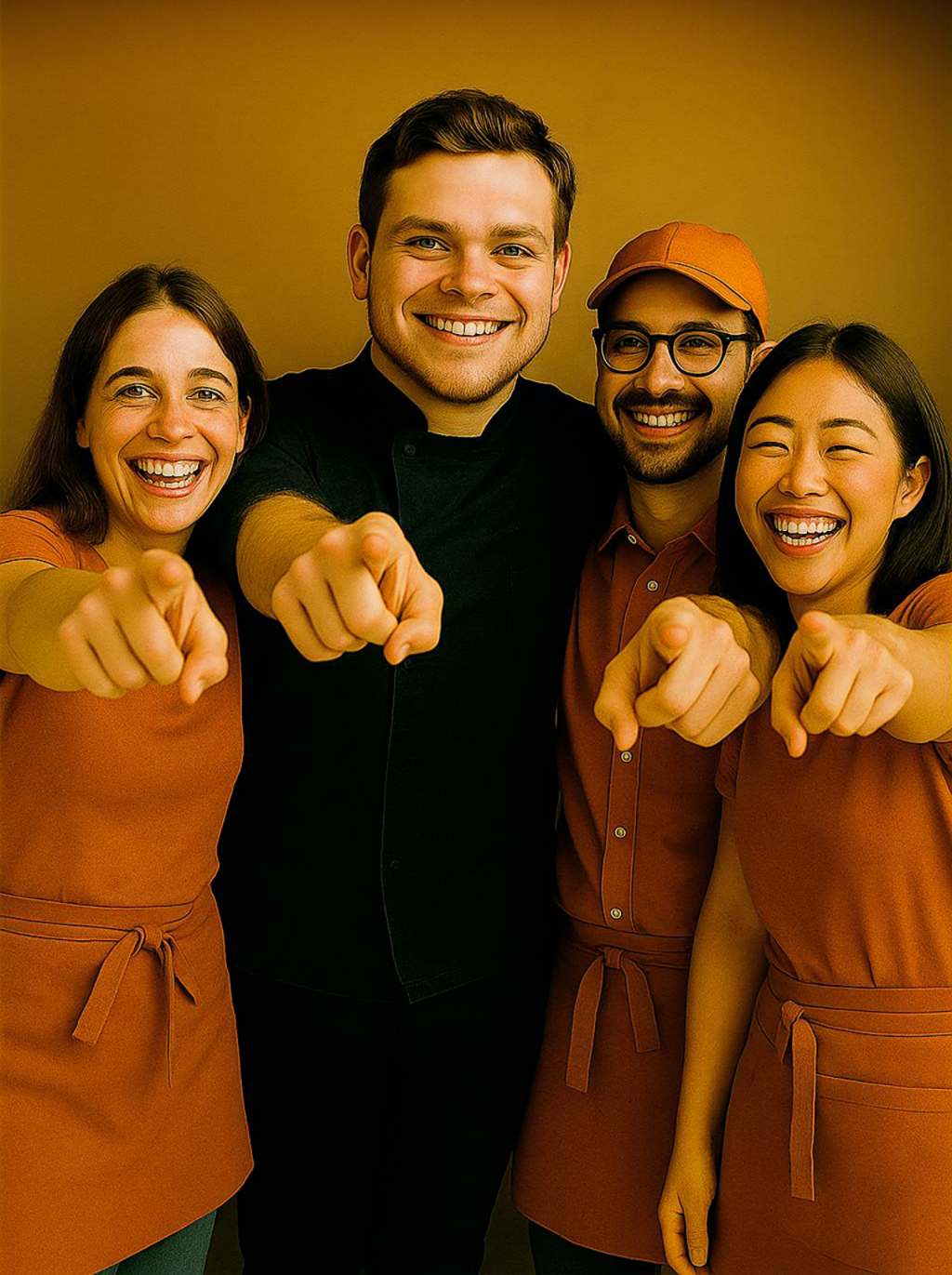 Time de colaboradores sorrindo juntos, representando união e satisfação no trabalho