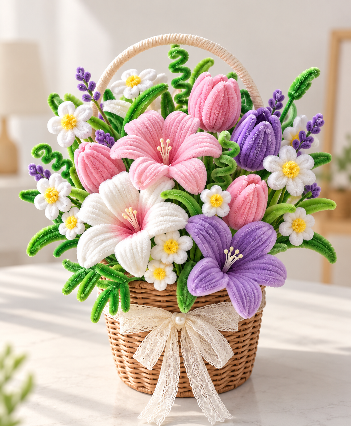 Pastel Handmade Pipe Cleaner Flower Basket