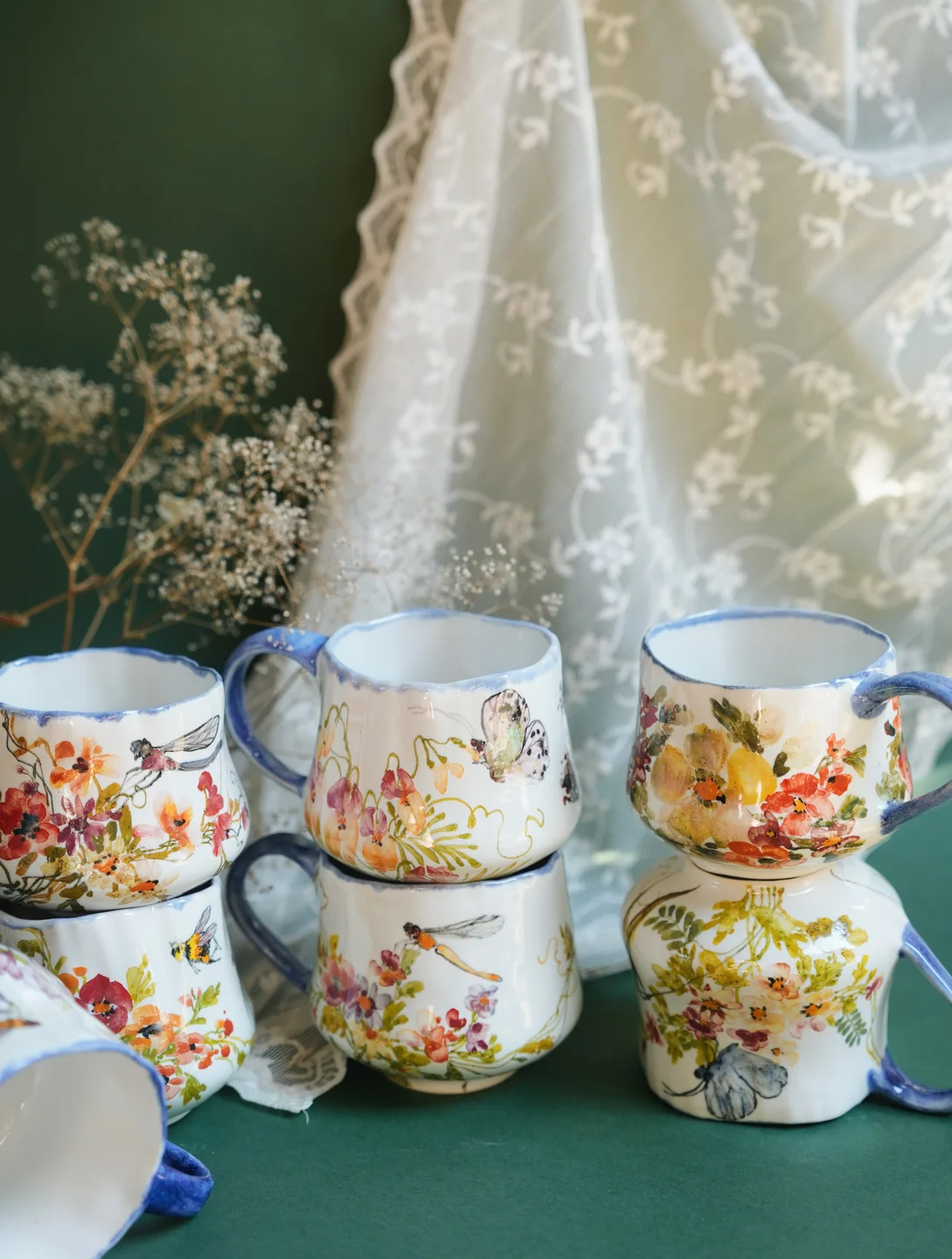 Porcelain mug, Summer porcelain pot with flowers and insects, housewarming gift, new … — Jane and Mery