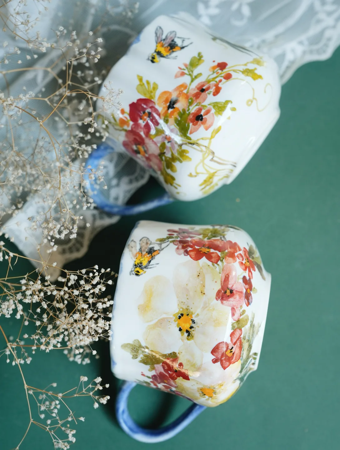 Porcelain mug, Summer porcelain pot with flowers and insects, housewarming gift, new home decor — view 2 • Jane and Mery