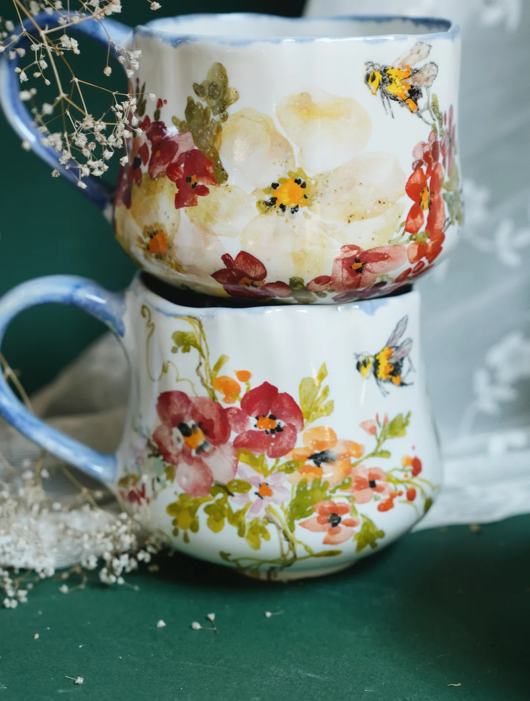 Porcelain mug, Summer porcelain pot with flowers and insects, housewarming gift, new home decor — view 3 • Jane and Mery